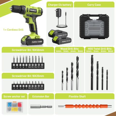 Rock Solid Go Getter 20V Cordless Drill Driver With Two Rechargeable Batteries, bits, charger, and carry case accessories displayed.