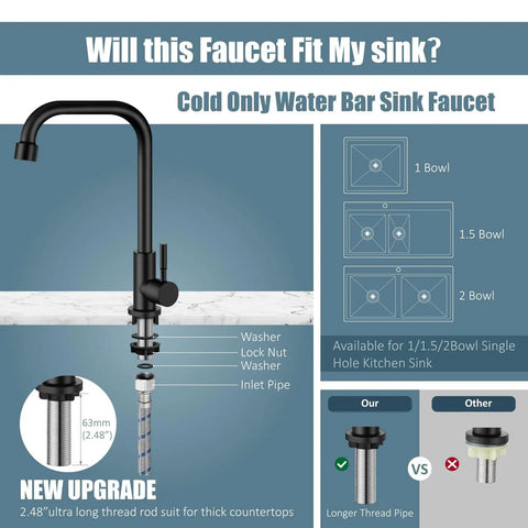 Diagram showing Black Cold Only Water Kitchen Faucet With Single Lever Slick Commercial Bar Tap 304 Stainless Steel compatibility.