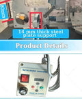 Product details showing 14mm thick steel plate support and servo motor controller for Premium 750W Brushless Belt Sander Grinder.