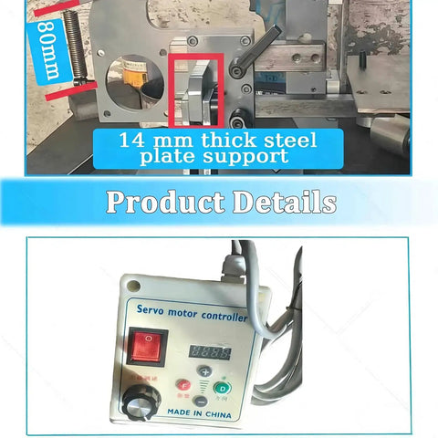 Product details showing 14mm thick steel plate support and servo motor controller for Premium 750W Brushless Belt Sander Grinder.