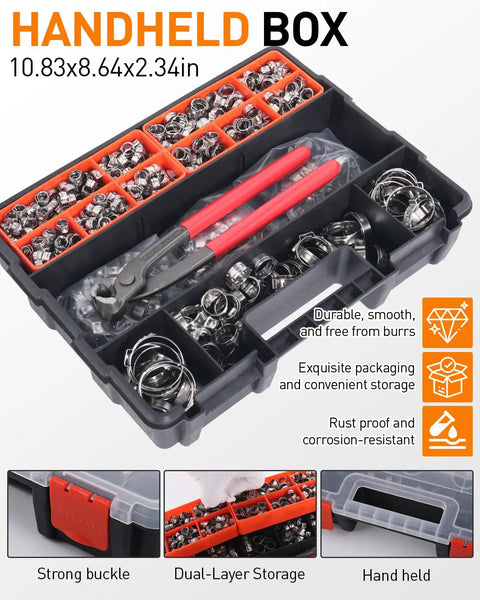 650 Piece Single Ear Hose Clamp Kit With Ear Pincer in storage box, 304 stainless steel clamps, 10.83x8.64x2.34 inches