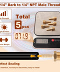 Five Pack Brass Hose Barb Fittings One Quarter Inch Barb To One Quarter Inch NPT Male Thread No Fuss Air Line Adapters For Tight Seal And High Pressure Up To Three Hundred PSI, 5 pcs on scale
