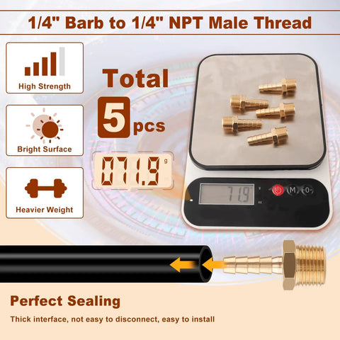 Five Pack Brass Hose Barb Fittings One Quarter Inch Barb To One Quarter Inch NPT Male Thread No Fuss Air Line Adapters For Tight Seal And High Pressure Up To Three Hundred PSI, 5 pcs on scale