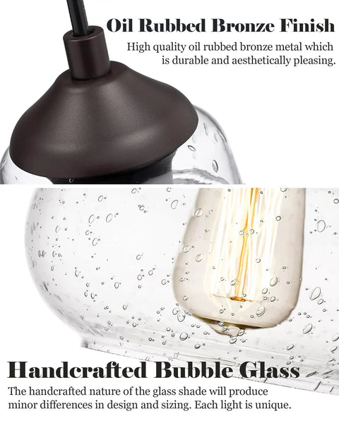 Close-up of oil rubbed bronze finish and 8 Inch Seeded Bubble Glass Pendant Light Fixture With Hand Blown Shade