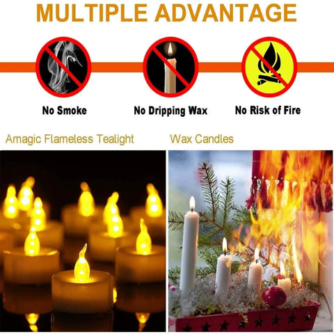 Comparison of 50 Pack Battery Powered Tea Lights LED Flickering Flameless Candles and traditional wax candles showing benefits.