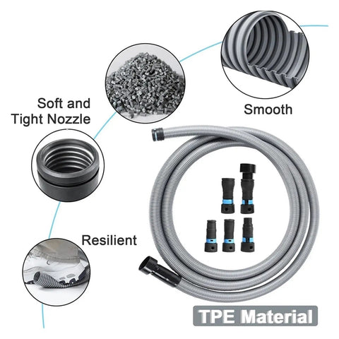 Heavy Duty 5 Adapter Woodworking Dust Collection Hose Kit With 10 Feet Flex Vacuum Hose, shows smooth TPE material and nozzles.