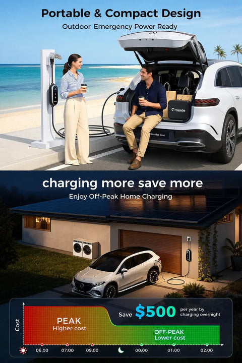 Couple using Level 1 And Level 2 Portable EV Charger With 8 To 16 Amp Adjustable Current And 25 Foot Cord in beach parking lot