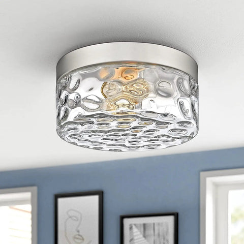 Industrial Satin Nickel Flush Mount Ceiling Light With Bubble Glass Semi Flush Fixture for Entryway or Living Space