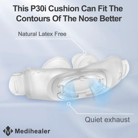Image of 2 Pack Replacement P30i Pillow Cushions for AirFit P30i, showing quiet exhaust and latex-free silicone design.