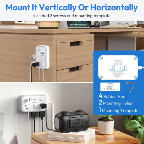 Flat Plug Power Strip With 10 Ft Cord, 6 Outlets And 4 USB Ports, Overload Protected Extension Cord mounted on wall.