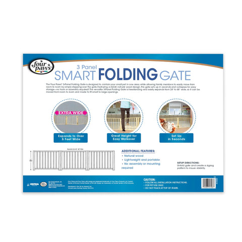 Packaging of the Expandable Wood Dog Gate, Freestanding 3-Panel Barrier That Expands From 24 To 68 Inches Wide And 17 Inches High