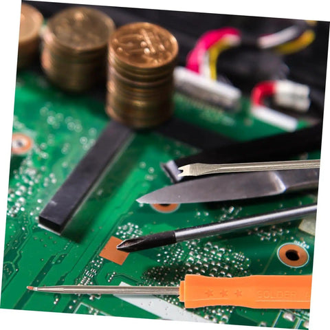 Close-up of 7 Piece Soldering Repair Tool Kit with desoldering tools on a circuit board, showcasing soldering aids and tools.