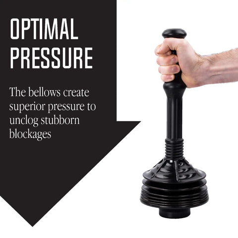 Hand holding Pro Grade Bellows Accordion Toilet Plunger With High Pressure Thrust for heavy duty clogs in bathrooms black