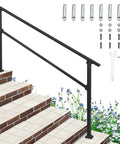 Heavy Duty Six Step Outdoor Stair Railing Kit Built Damn Tough With Galvanized Supports For Rock Solid Grip On Concrete Or Wood Steps Designed For Dead Simple DIY Install, featuring black steel posts and mounting hardware.