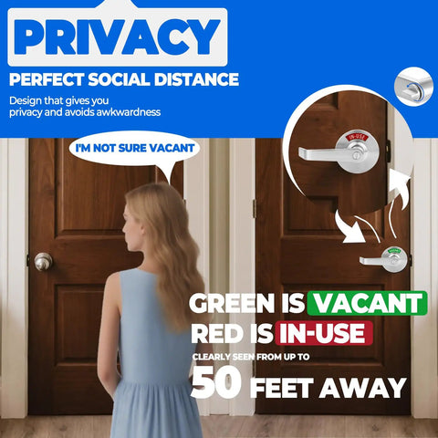 Twin Pack Bathroom Privacy Lever Lock With Large Vacant Or In Use Indicator for offices; woman stands near restroom doors.