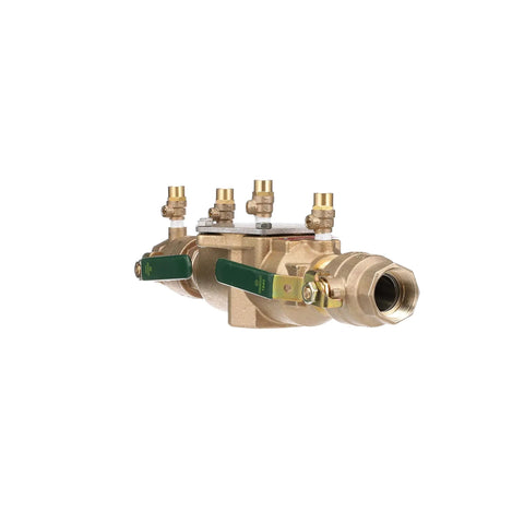 Lead Free Bronze Double Check Valve Assembly With Quarter Turn One And A Half Inch Replaceable Seats And Discs For Easy Affordable Repairs Compact Modular Design That Is Easy To Install No Special Tools Needed Top Mounted Test Cocks For Quick Checks, front view