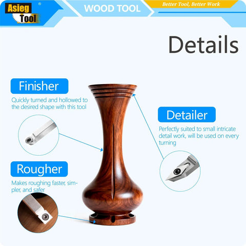 Carbide Tipped Wood Lathe Tools Set 3 Piece Rougher Detailer Finisher With Wood Handle And Diamond Round And Square Indexable Carbide Inserts For Turning Great For Pros And DIYers shown with a finished wood vase.