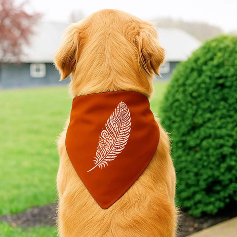 Awesome Boho Feather And Mandala Stencil Set, Six Durable Pet Painting Templates For Diy Wall Wood Fabric And Canvas Crafts, Straight-Up Versatile Sheets Perfect For Kickin Up Your Decor, dog wearing an orange bandana with feather design.