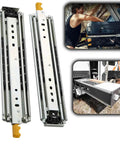 Heavy-Duty Full Extension Drawer Slides With Lock, Side-Mount Steel Ball Bearing Runners, Built Tough Holds 480 Lb, Smooth As Butter Cabinet Hardware For Garage Or Home, showing two steel runners.
