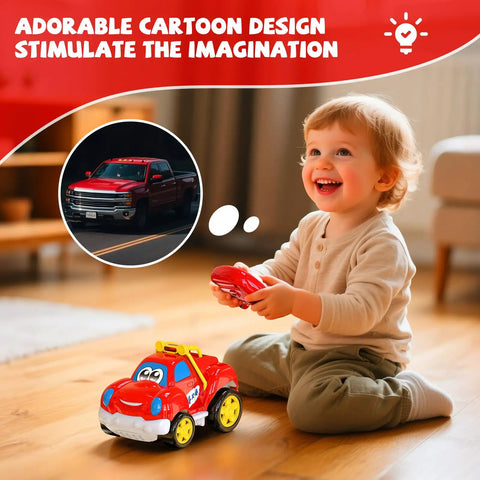 Smiling toddler playing with Tot Friendly Remote Control Car And Pickup Truck Toy For Kids Ages 2 To 4 in living room.