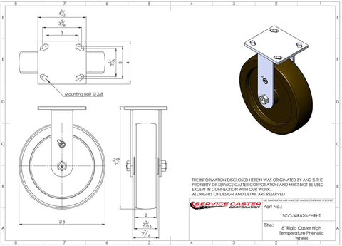 Hella Durable High Temp Phenolic Caster Set Featuring Eight Inch Swivel Plates with detailed dimensions and design layout of caster wheel.