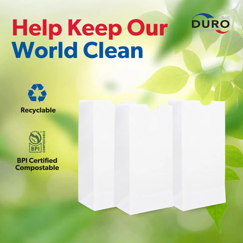 White Paper Bags with SOS Bottom, 500-Count, Size 5.00 x 3.12 x 9.75 Inches against eco-friendly background
