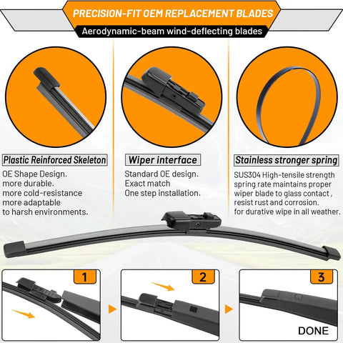 All Season Replacement Wiper Blades For Volkswagen Tiguan 2018 2025 Front 25 Inch And 22 Inch Blades Plus Rear 15 Inch Wiper OEM Quality Pack Of 3 With All Weather Performance And Smooth Quiet Operation image showing structure and installation steps.