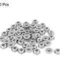 Top Notch Serrated Flange Hex Lock Nuts 50 Pack Crafted From Durably Strong 304 Stainless Steel Full Thread Non Slip Fasteners With A Slick Bright Silver Finish For Every Rig And Project, close-up of 50 pieces.