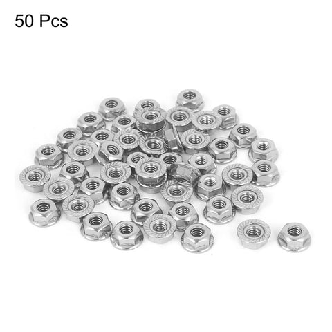 Top Notch Serrated Flange Hex Lock Nuts 50 Pack Crafted From Durably Strong 304 Stainless Steel Full Thread Non Slip Fasteners With A Slick Bright Silver Finish For Every Rig And Project, close-up of 50 pieces.