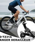 Cyclist on road bike with Rear Derailleur RD TZ31A 6 And 7 Speed Direct Mount And Suspension Built Tough with insert close-up.