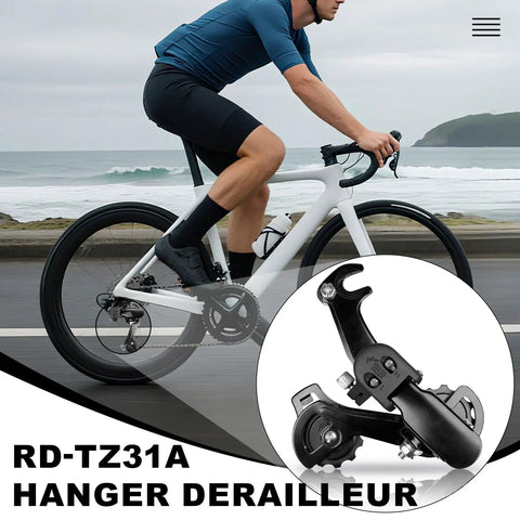 Cyclist on road bike with Rear Derailleur RD TZ31A 6 And 7 Speed Direct Mount And Suspension Built Tough with insert close-up.