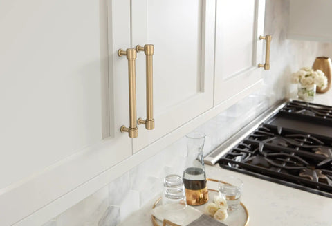 Real Deal Transitional Champagne Bronze Cabinet Pull And Drawer Handle Big Time Upgrade For Kitchen Cabinets Furniture Refresh No Sweat Installation 6 5/16 Inch Center To Center Fit Super Solid Build on white cabinets.