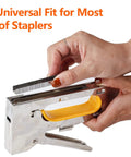 Heavy Duty T50 Stainless Steel Staples Assortment 1000 Count Three Sizes Five Sixteenth Three Eighth Half Inch For Staple Gun Super Tough Rust Resistant Option For Roofing Felt Insulation Upholstery Diy Crafts being loaded into a staple gun