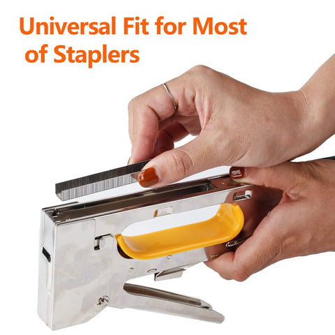 Heavy Duty T50 Stainless Steel Staples Assortment 1000 Count Three Sizes Five Sixteenth Three Eighth Half Inch For Staple Gun Super Tough Rust Resistant Option For Roofing Felt Insulation Upholstery Diy Crafts being loaded into a staple gun