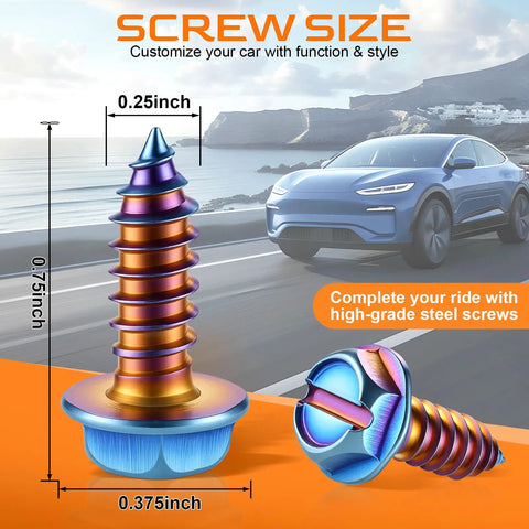 Badass Burnt Titanium License Plate Screws 4 Pack 316 Stainless Steel Rust Proof Bolts Auto Replacement For Cars Trucks Motorcycles Self Tapping Secure Fasteners Heavy Duty Set with size details.