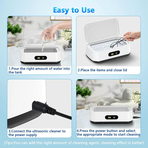 Upgrade Large Capacity Ultrasonic Cleaner 50kHz With 5 Modes Timer And 40W Power For A Powerful Deep Clean For Glasses Jewelry Dentures 304 Stainless Steel Tank White And Black showing how to use with water, power connection, and settings.