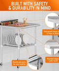 Stainless Steel Prep Table 24 By 30 Inch With Adjustable Undershelf, Backsplash And Wheels for Kitchen use, shown with plates and spices
