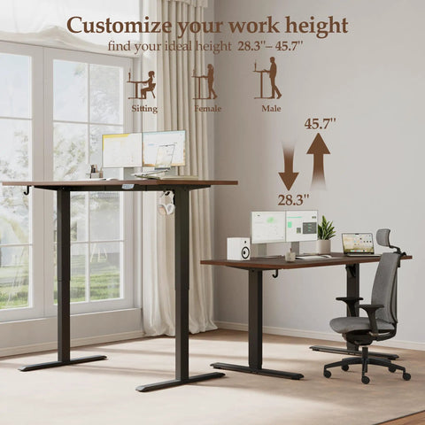 Klicelor 48 x 28 Electric Standing Desk With Memory Presets And Hooks Height Adjustable Sit Stand Up Home Office Computer Table shown at varying heights.