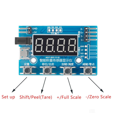 Front view of HX711 Digital Load Cell Module With Display, featuring buttons for setup, tare, scale adjustments, and digital display.