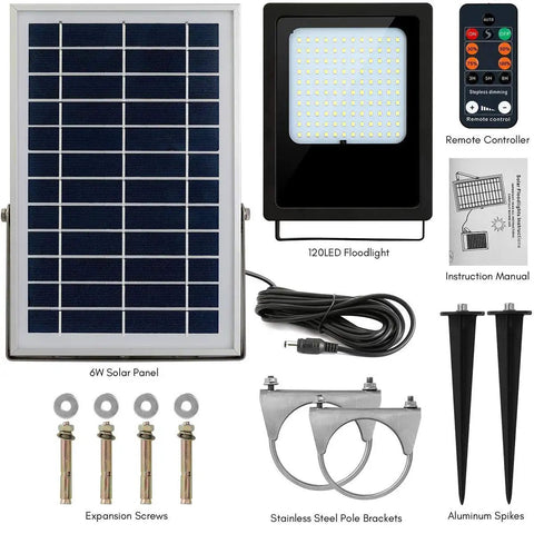 JUDYSSY Solar Floodlight Outdoor kit featuring 6W solar panel, 120 LED floodlight, remote, stainless steel parts, and aluminum spikes.