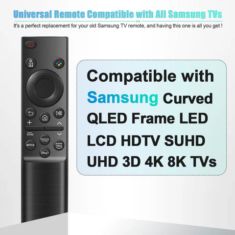 Universal Remote Control Replacement For Smart TV Compatible With All Samsung Series LED LCD QLED pictured with compatibility text