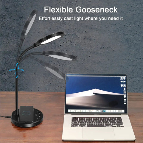LED Desk Lamp With USB Charging Port, Eye Caring Circular Design With No Flicker, laptop on desk with adjustable light