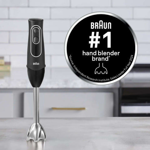 Game Changer 350 Watt Hand Blender With Beaker And Whisk Attachment providing dual speed control, splash resistant, stainless steel blades on counter.