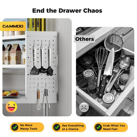 Comparison of organized and chaotic kitchen tools storage, featuring pegboard panel from NSF Certified Stainless Steel Kitchen Prep Table.