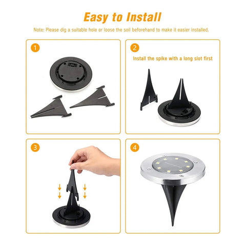 Installation steps for 12 Pack Solar Ground Lights With 8 LED Each In Ground Round Puck Lights For Landscape Pathway Yard Garden Walkway