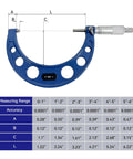 2 To 3 Inch Outside Micrometer With 0.0001 Inch Accuracy Carbide Anvil Laser Etched Scale Durable Satin Chrome Frame For Precise Measurements And Built Tough Metal Construction, blue frame, chart showing dimensions