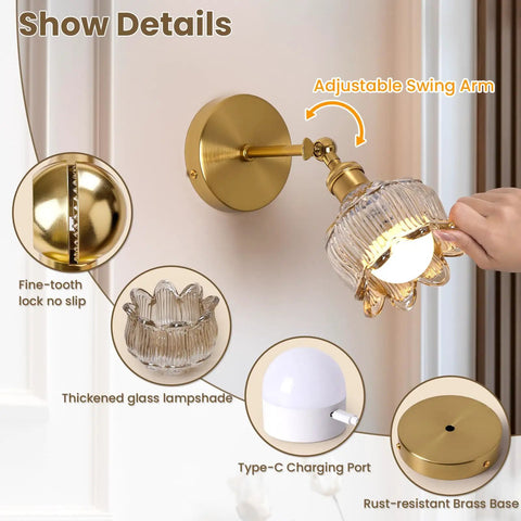 Vintage Battery Operated Wall Sconces Set Of 2 Rechargeable Wireless Light Fixtures Featuring Slick 5000Mah Power Bank adjustable swing arm detail