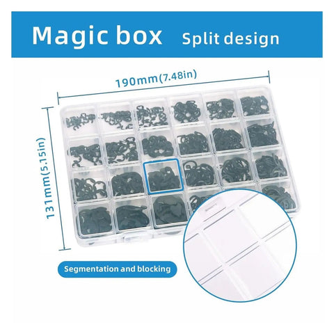 Heavy Duty 324 Pcs E-Type And C Type Circlip Set With 65Mn Steel Shafts and holes in 24 sizes in a segmented storage box.