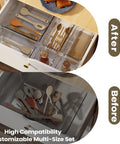 Before and after using Clear Plastic Drawer Organizer Set, 6 Piece In Two Sizes For Makeup, Jewelry, Gadgets And More in kitchen drawer.