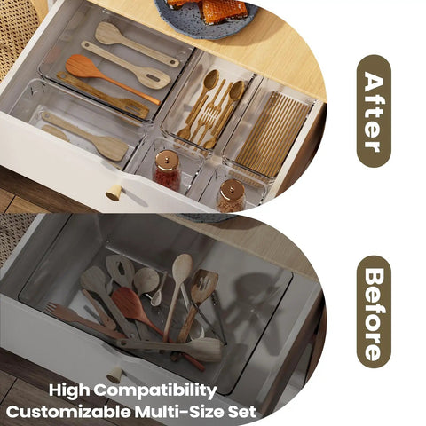 Before and after using Clear Plastic Drawer Organizer Set, 6 Piece In Two Sizes For Makeup, Jewelry, Gadgets And More in kitchen drawer.